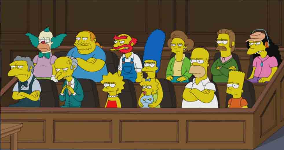 Springfield USA residents standing in for Broward County jurors Brittany Lauren Caldwell, Emily Jane Pepperman, Latavia Trameice Alford, Anthony Eugene Simon, Laura Newman Perez, Greg Daniel Partin